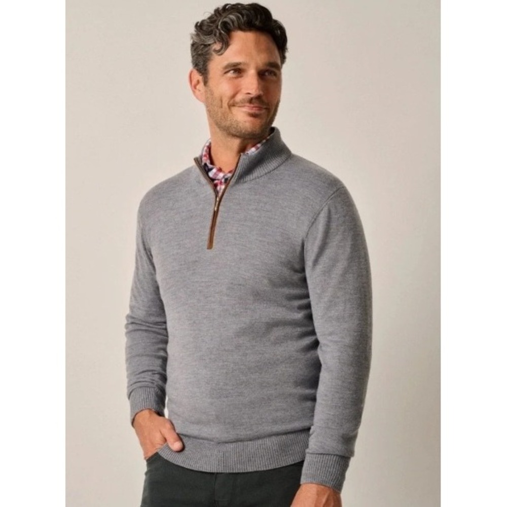 Johnnie-O Raynor Light Gray Quarter Zip Pullover Merino Wool Sweater XL Preppy